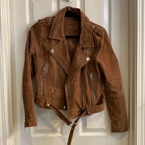 BLANKNYC Suede Moto Zip Belted Jacket in Herb Green